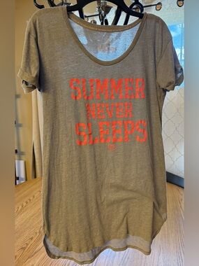 Victoria's Secret Olive Tee with Bright Coral 'Summer Never Sleeps' Graphic